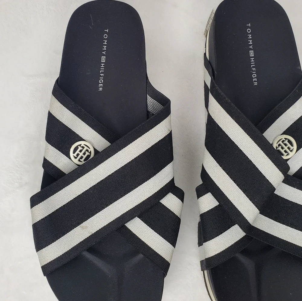 Tommy Hilfiger Black and White Striped Sandals 7.5